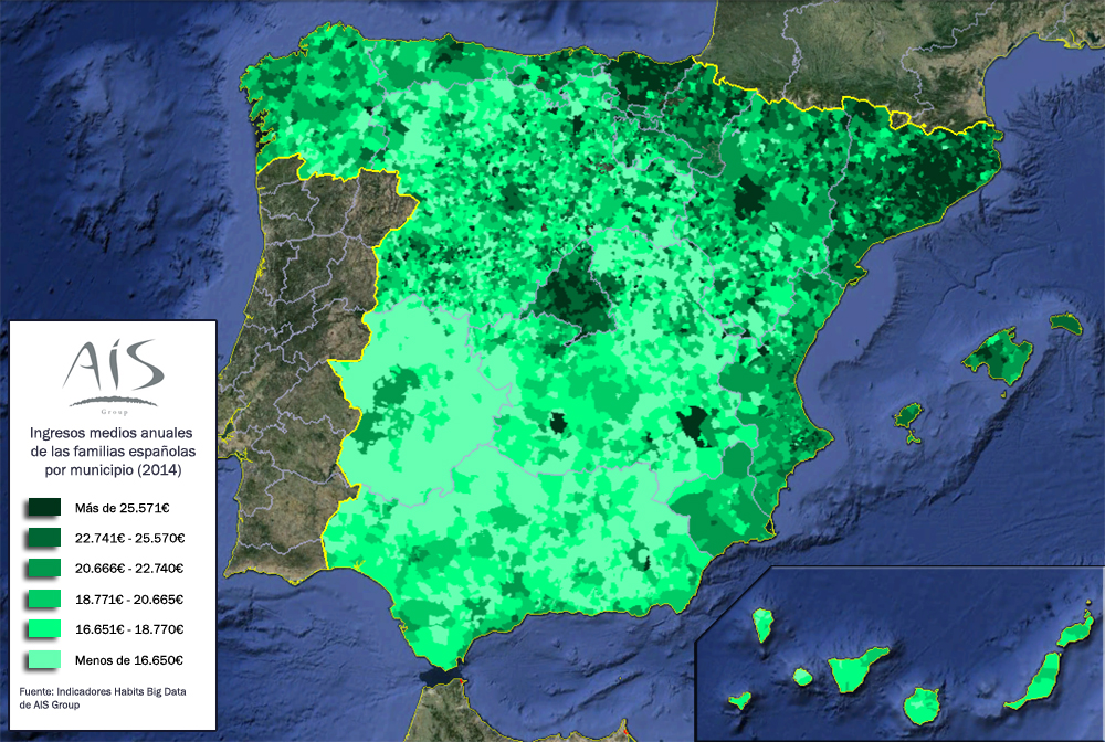Mapa de ingresos medios de los hogares españoles en 2014 - Habits Big Data