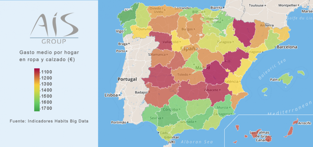 Mapa gasto medio de las familias en ropa y calzado. Fuente: Indicadores Habits Big Data.